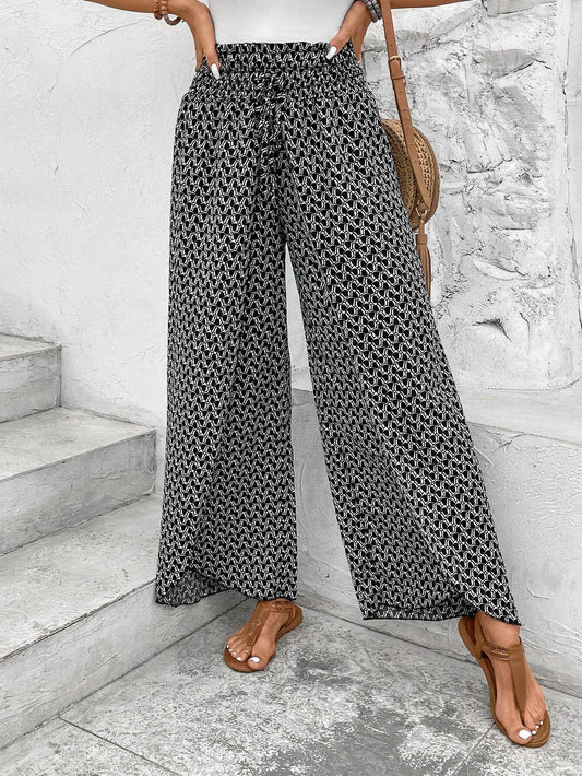 Black Floral Shirred Side Slit Wide Leg Pants