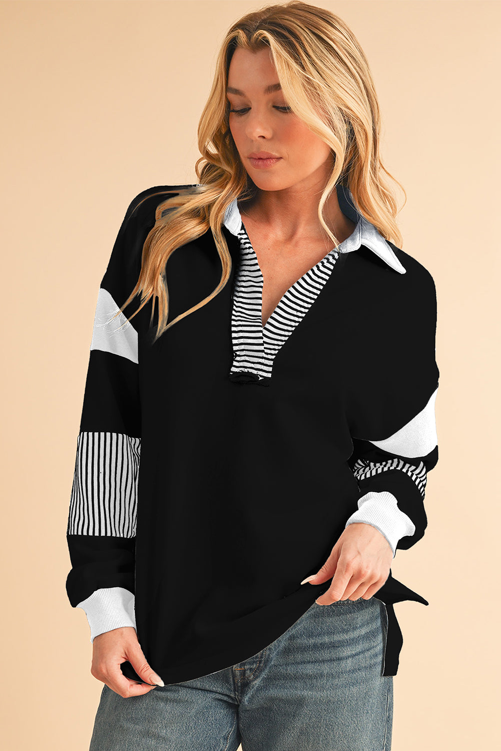 Black Striped Patchwork Collar Sweatshirt