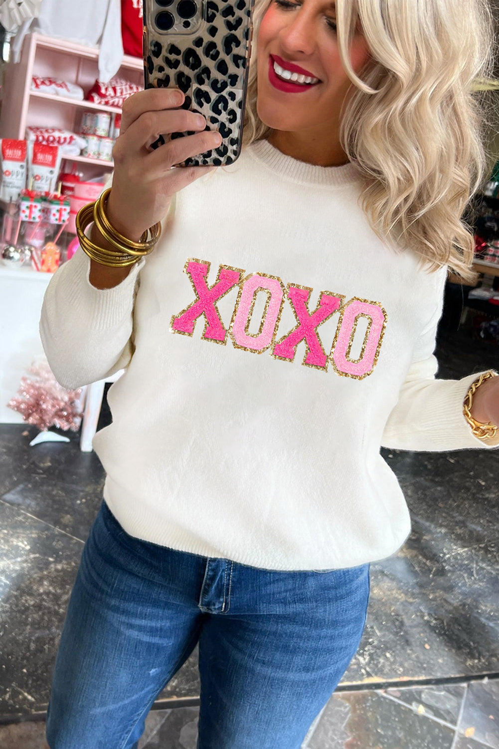 White XOXO Chenille Letter Round Neck Casual Sweater