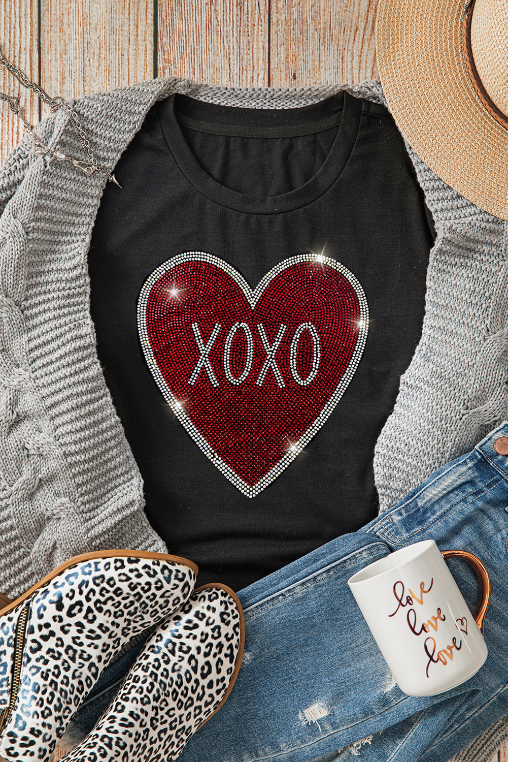 Black Rhinestone XOXO Heart Graphic Crewneck Tee