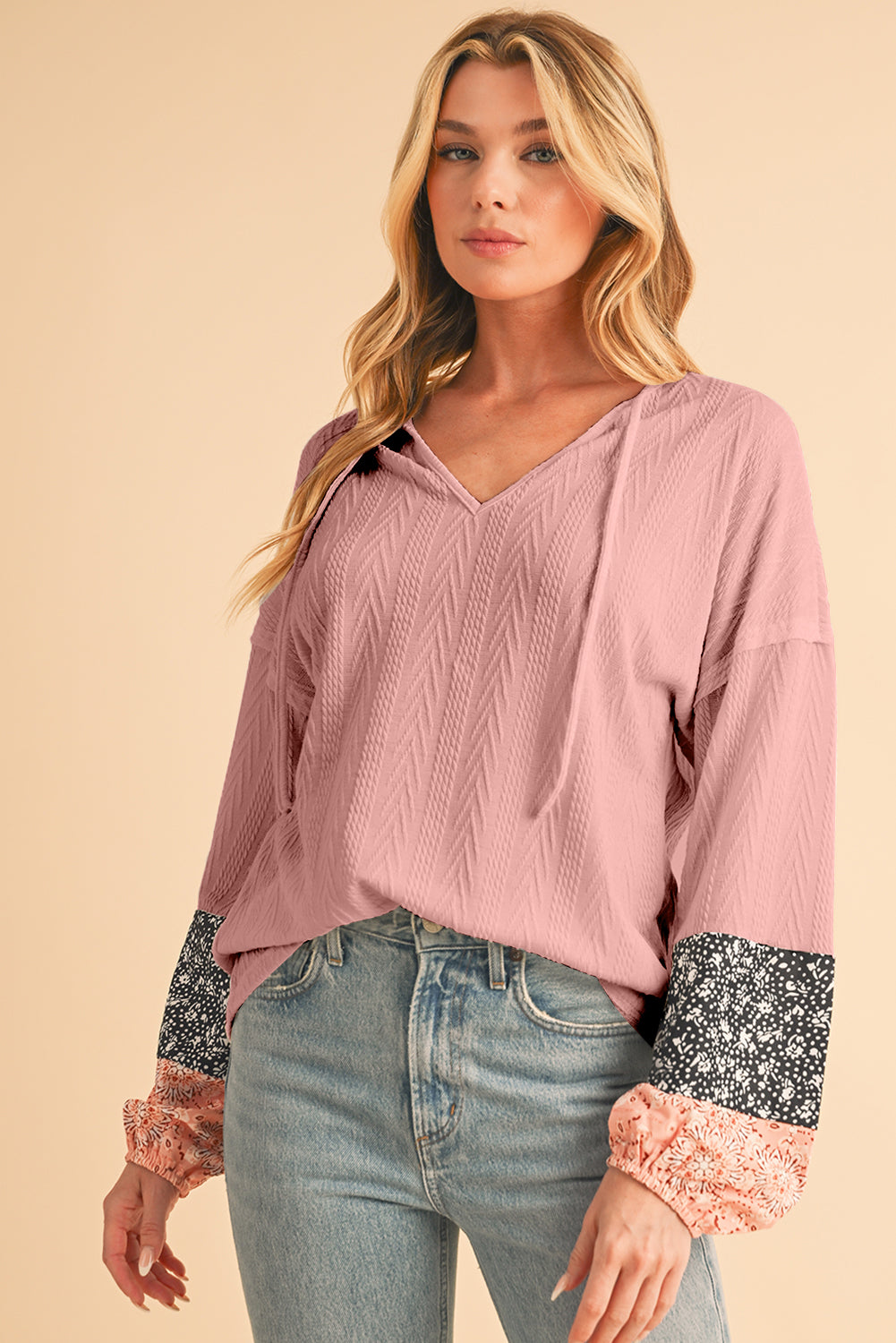 Dusty Pink Floral Patchwork Textured Drawstring V Neck Top