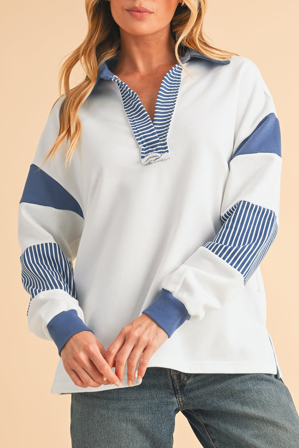 Black Striped Patchwork Collar Sweatshirt