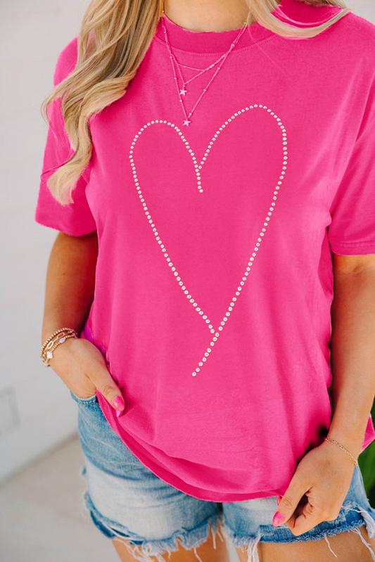 Rose Red Rhinestone Heart Graphic Crewneck Valentines Tee