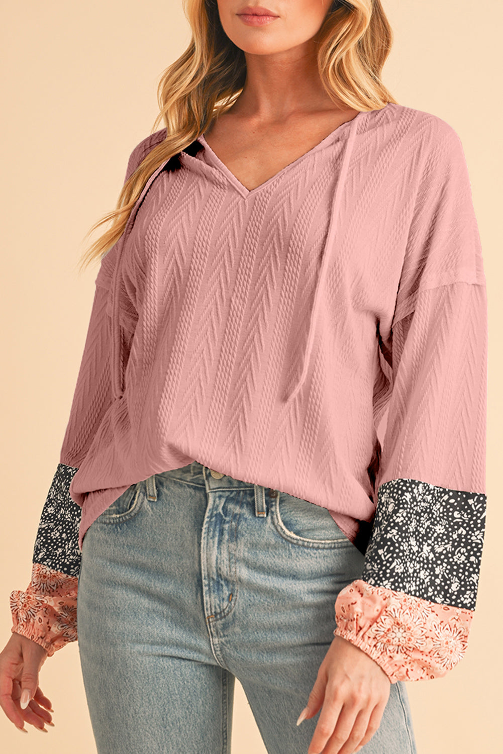 Dusty Pink Floral Patchwork Textured Drawstring V Neck Top