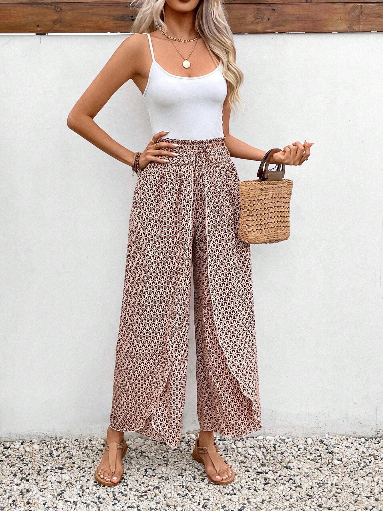 Black Floral Shirred Side Slit Wide Leg Pants