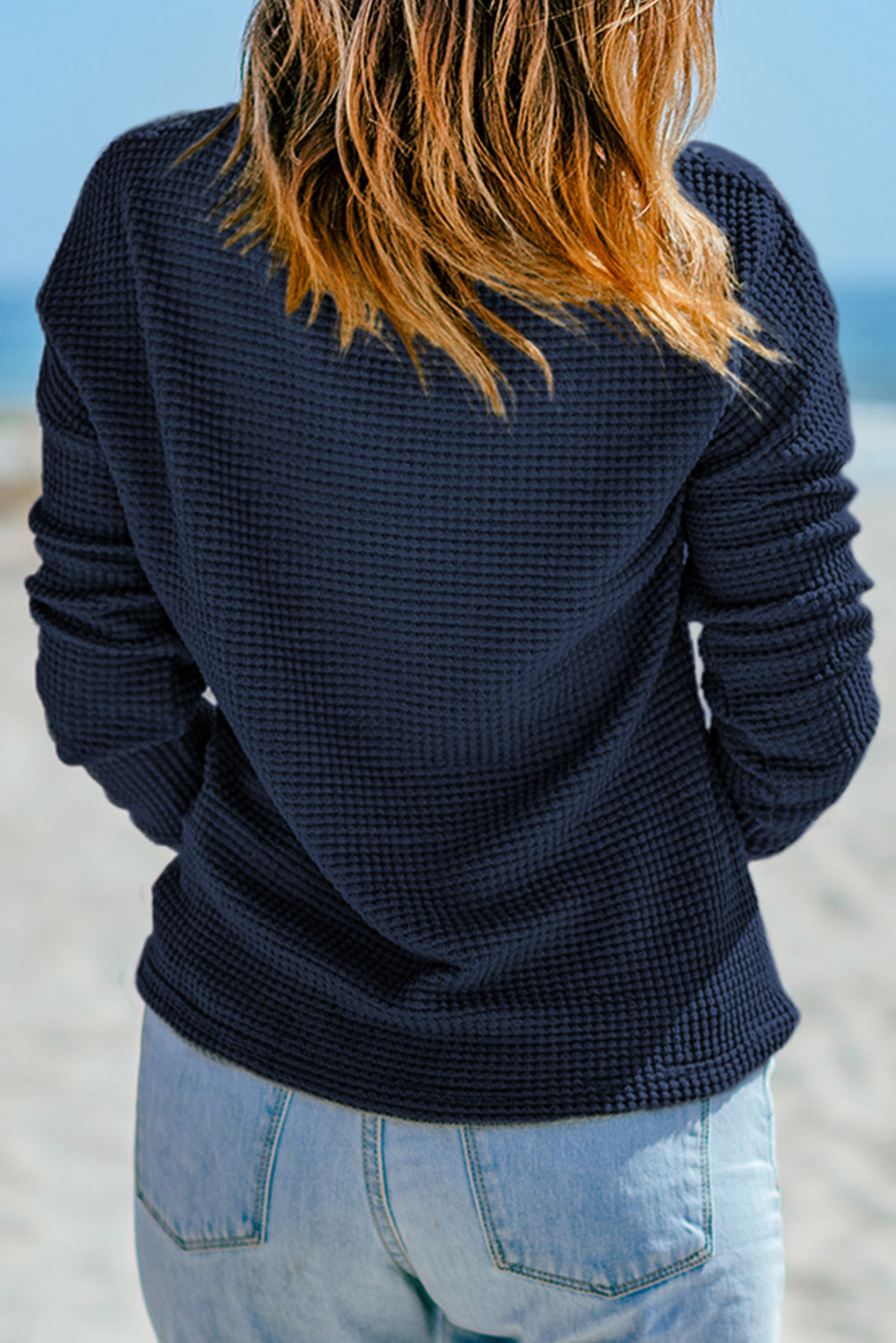 Navy Blue Waffle Knit Drop Shoulder Long Sleeve Top