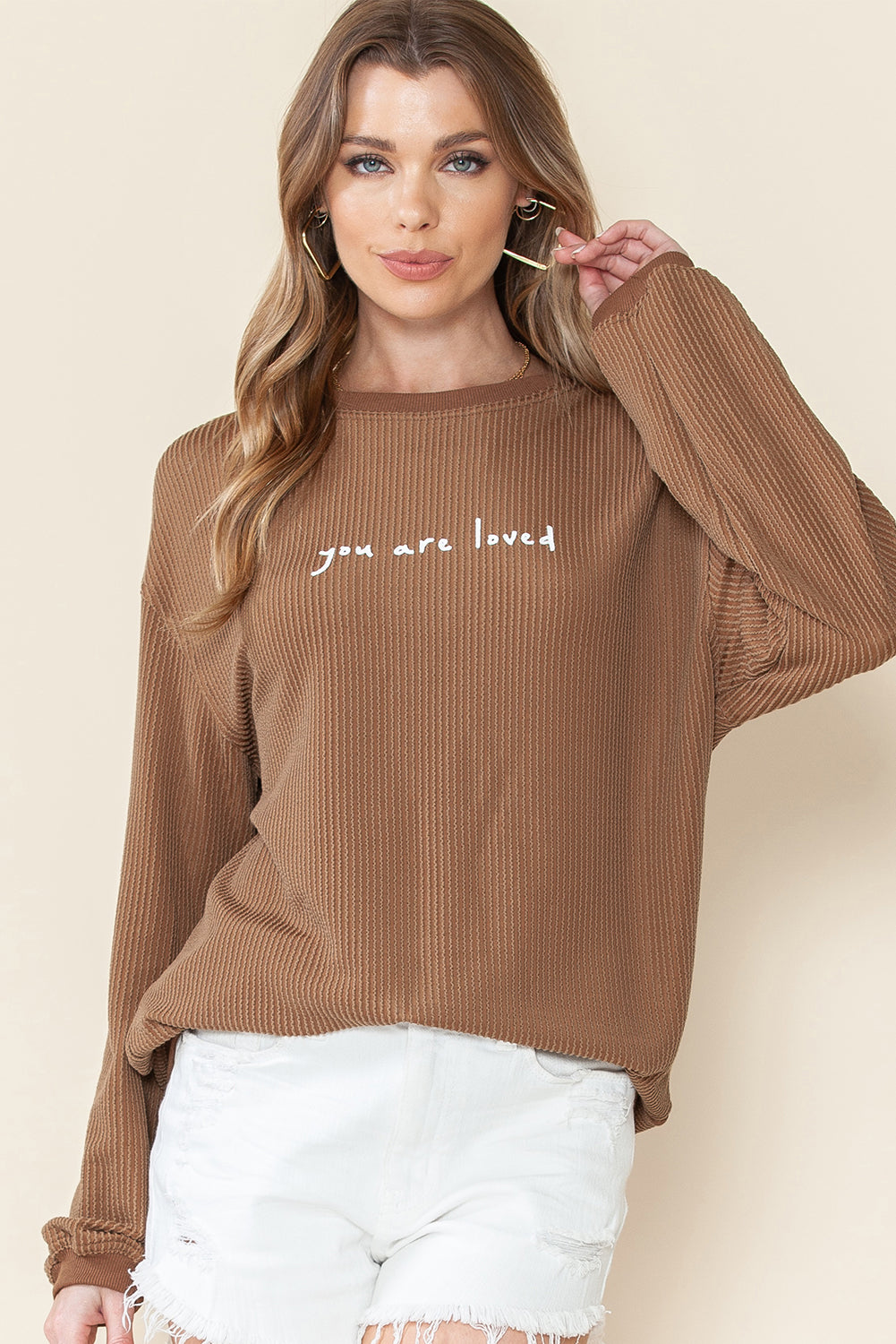 Khaki You Are Loved Print Crinkle Rib Sweatshirt