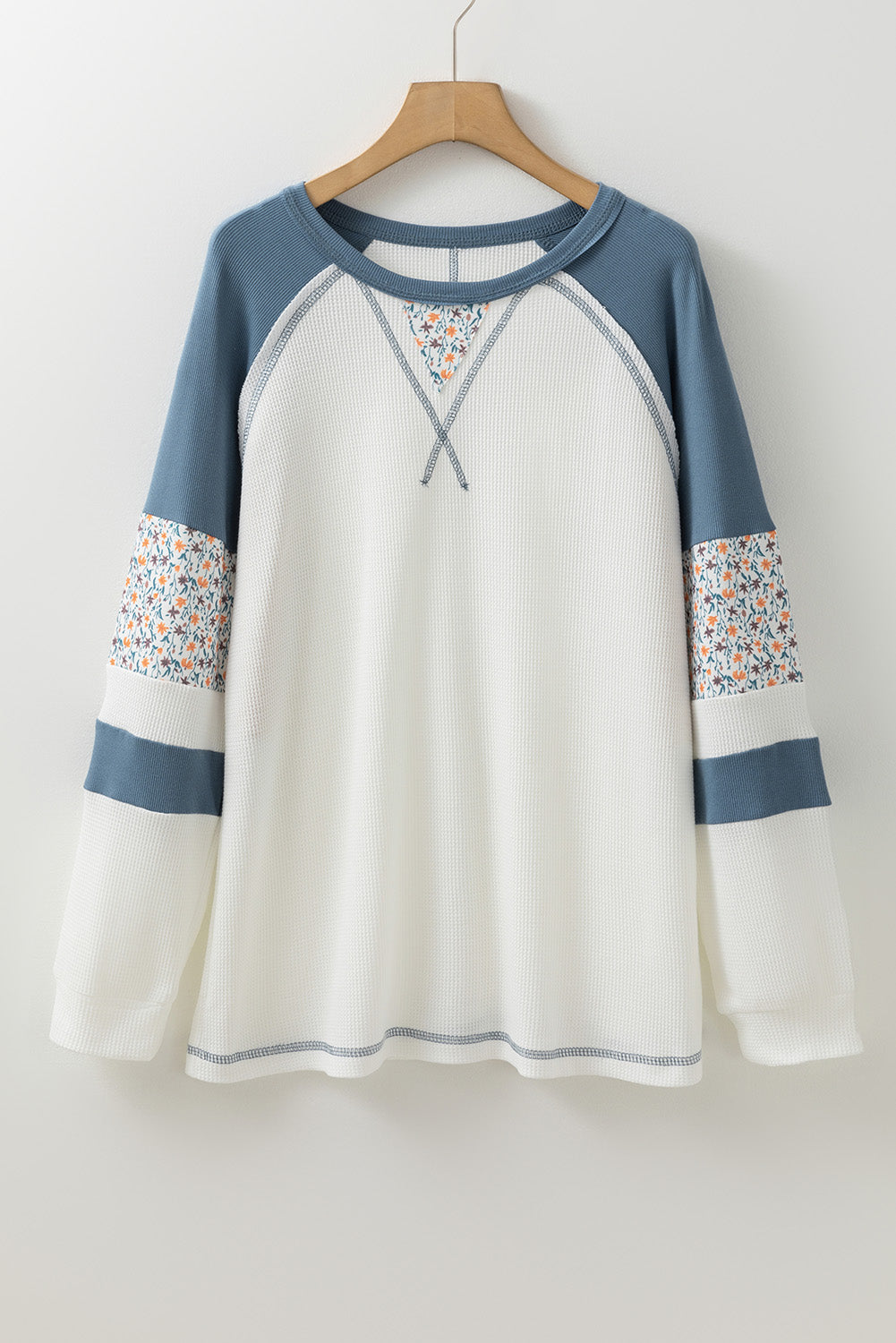 White Waffle Floral Patchwork Raglan Sleeve Exposed Seam Top