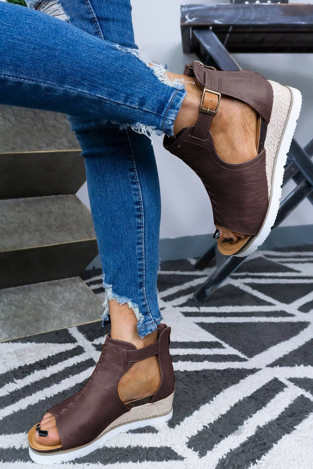 Brown PU Cutout Buckle Strap Platform Slides Shoes