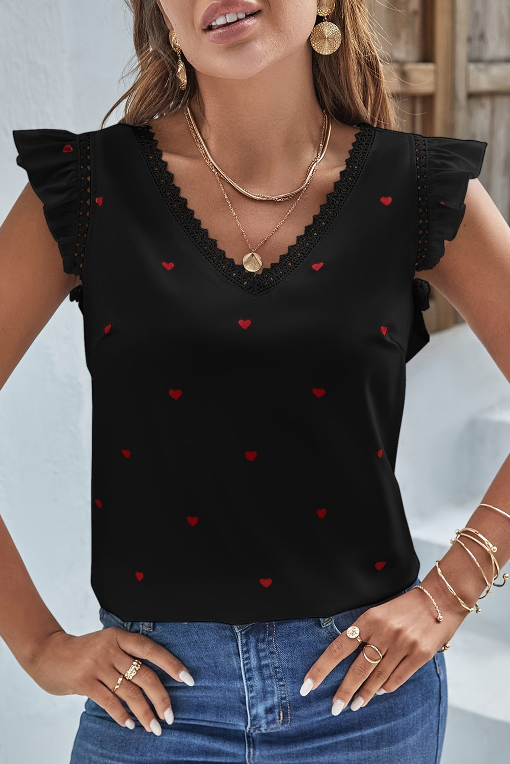 Black V-neck Lace Detail Heart Print Sleeveless Top