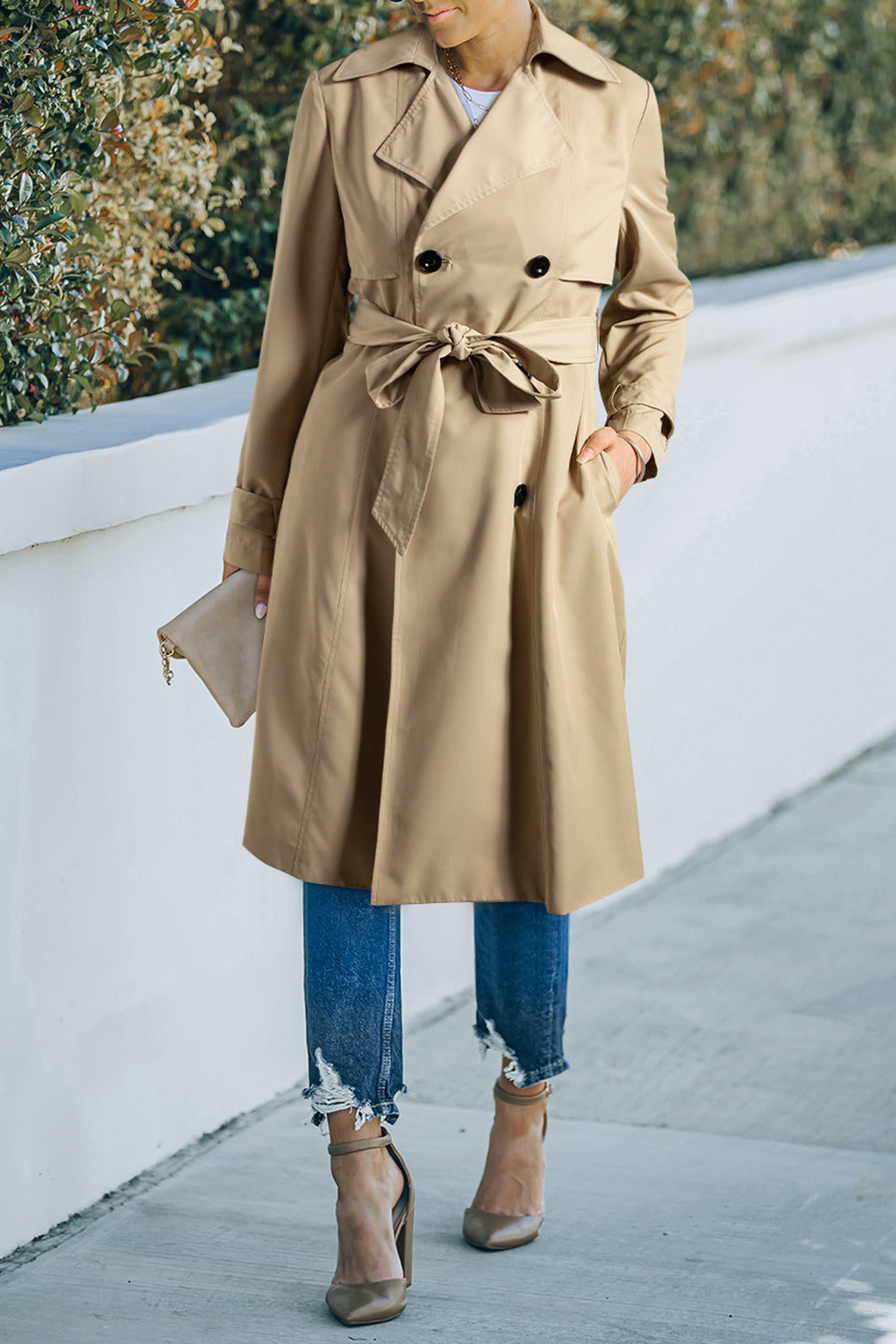 Pale Khaki Solid Color Lapel Collar Pocket Wind Coat