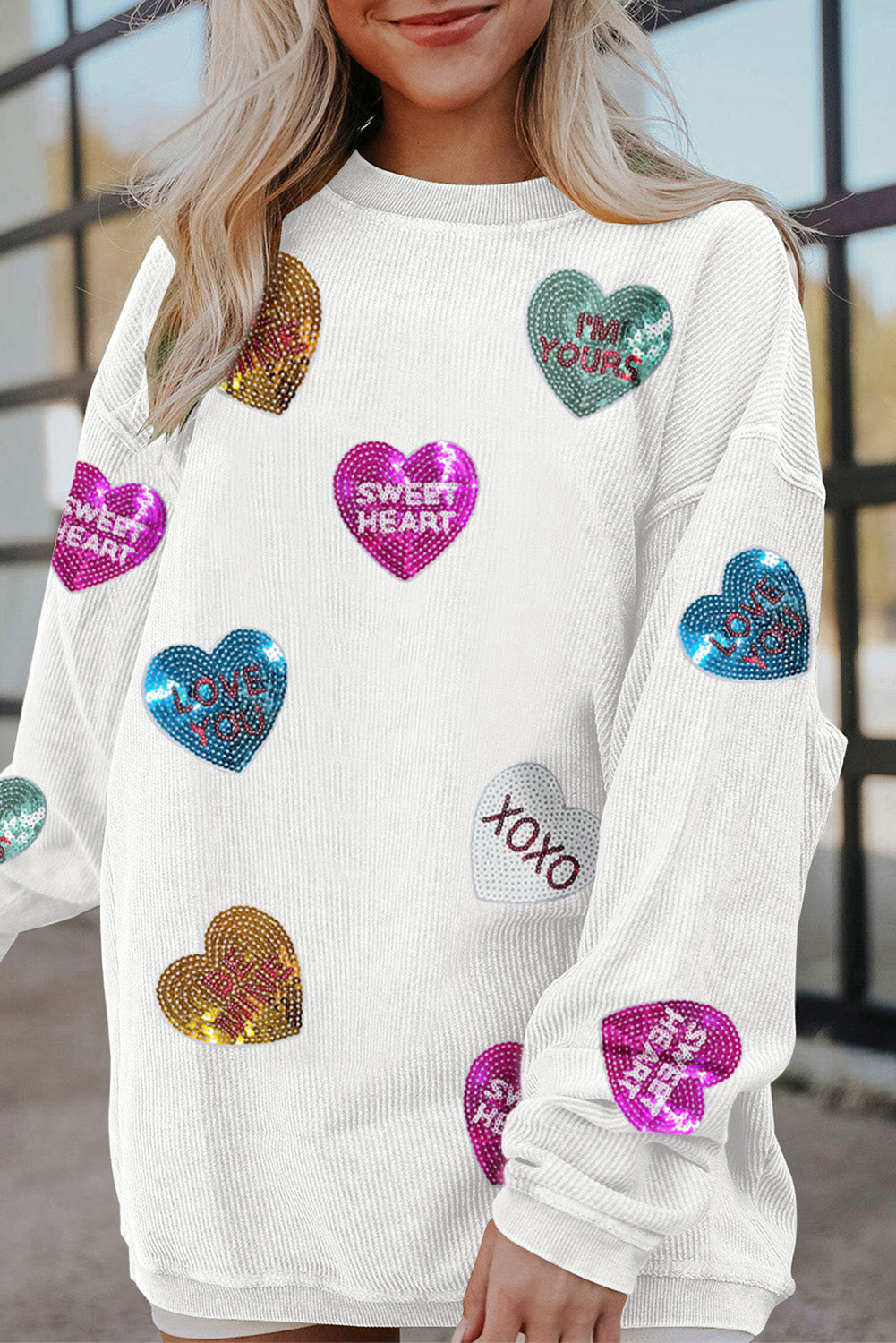 White Letter Sequin Heart Graphic Valentines Corded Crewneck Sweatshirt