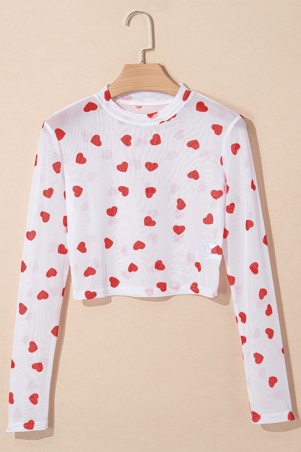 White Heart Print Mesh Long Sleeve Top