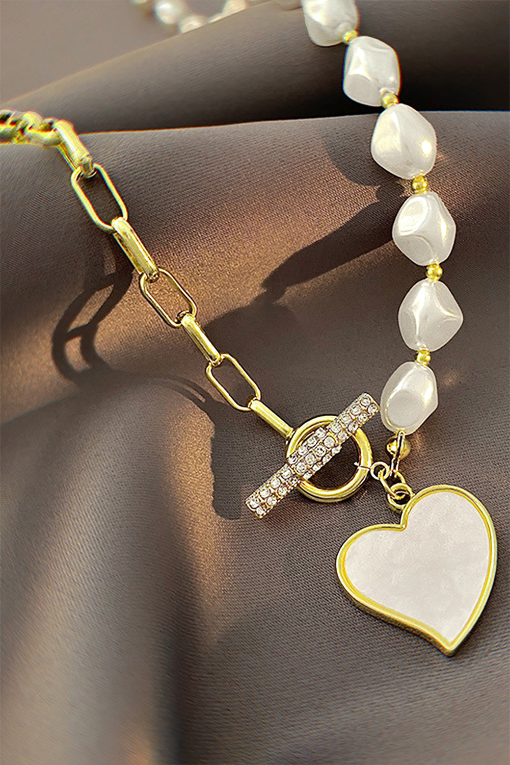 Gold Heart Shape Pendant Rhinestone Pearl Chain Necklace