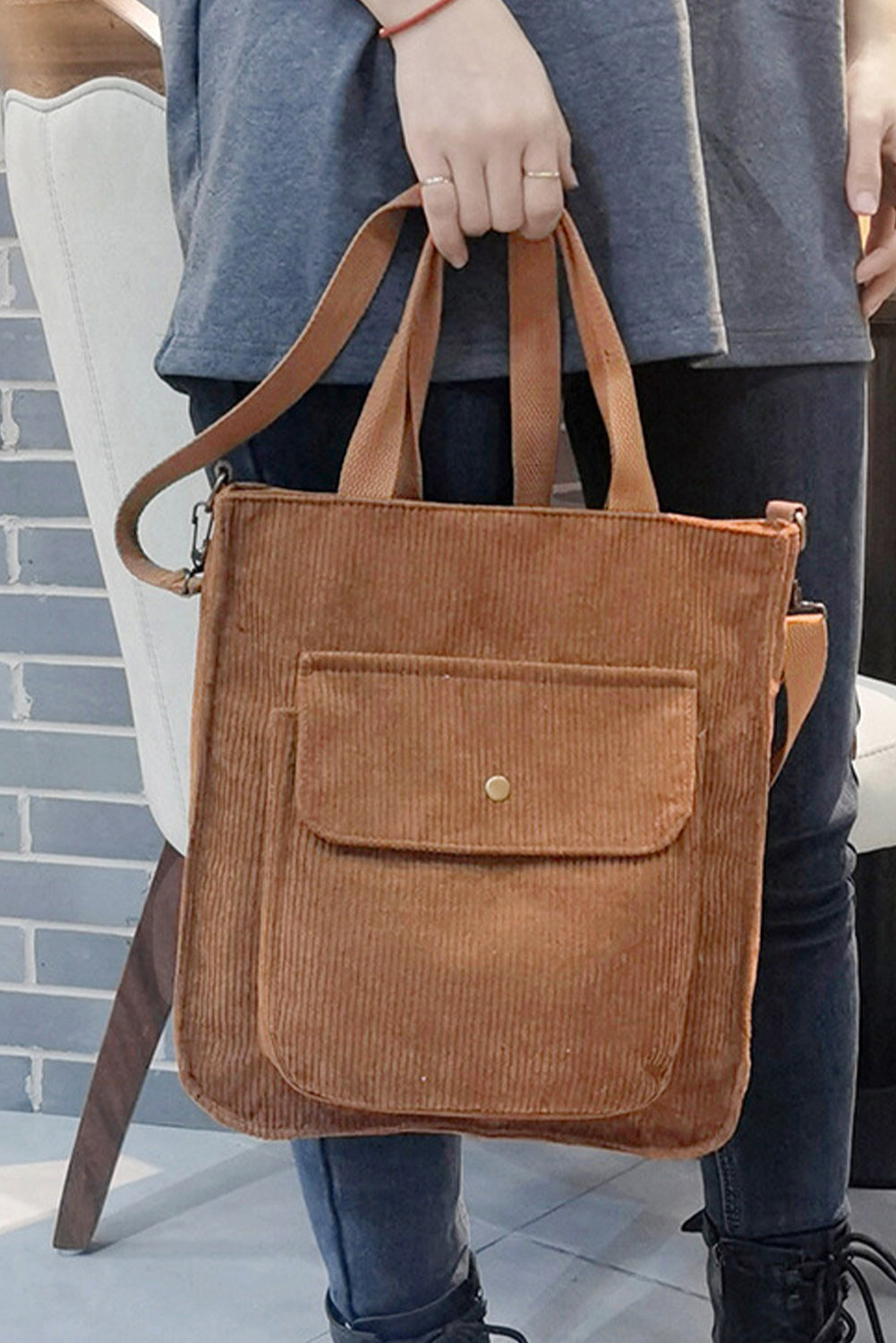 Chestnut Detachable Shoulder Strap Versatile Corduroy Tote Bag