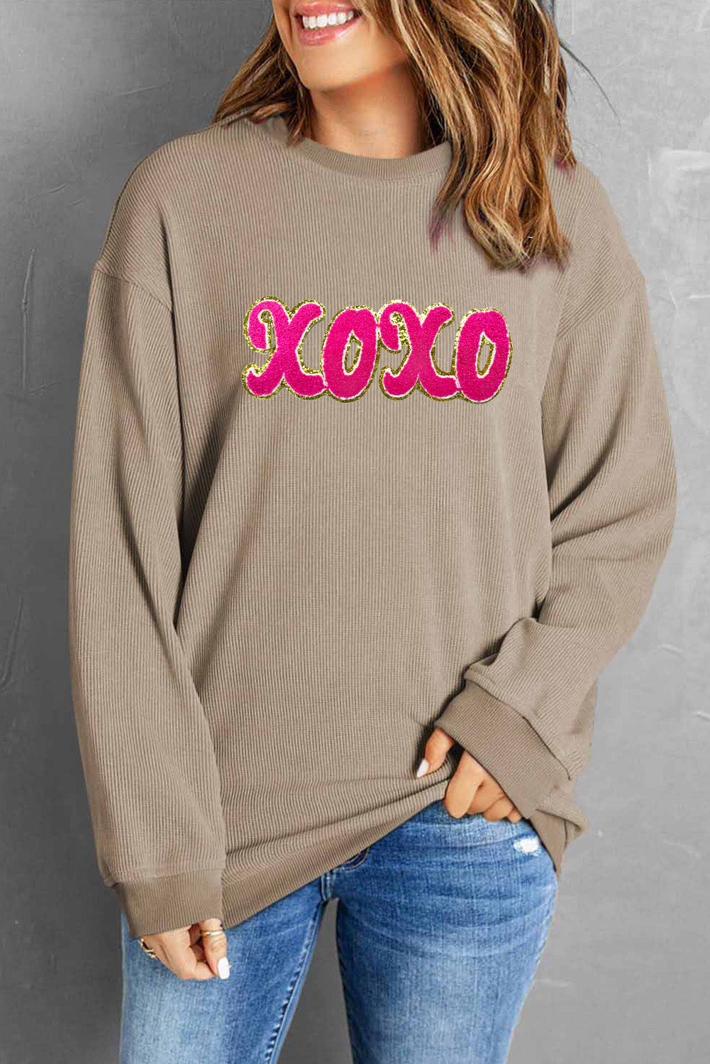 Khaki Corded xoxo Chenille Glitter Patches Graphic Sweatshirt