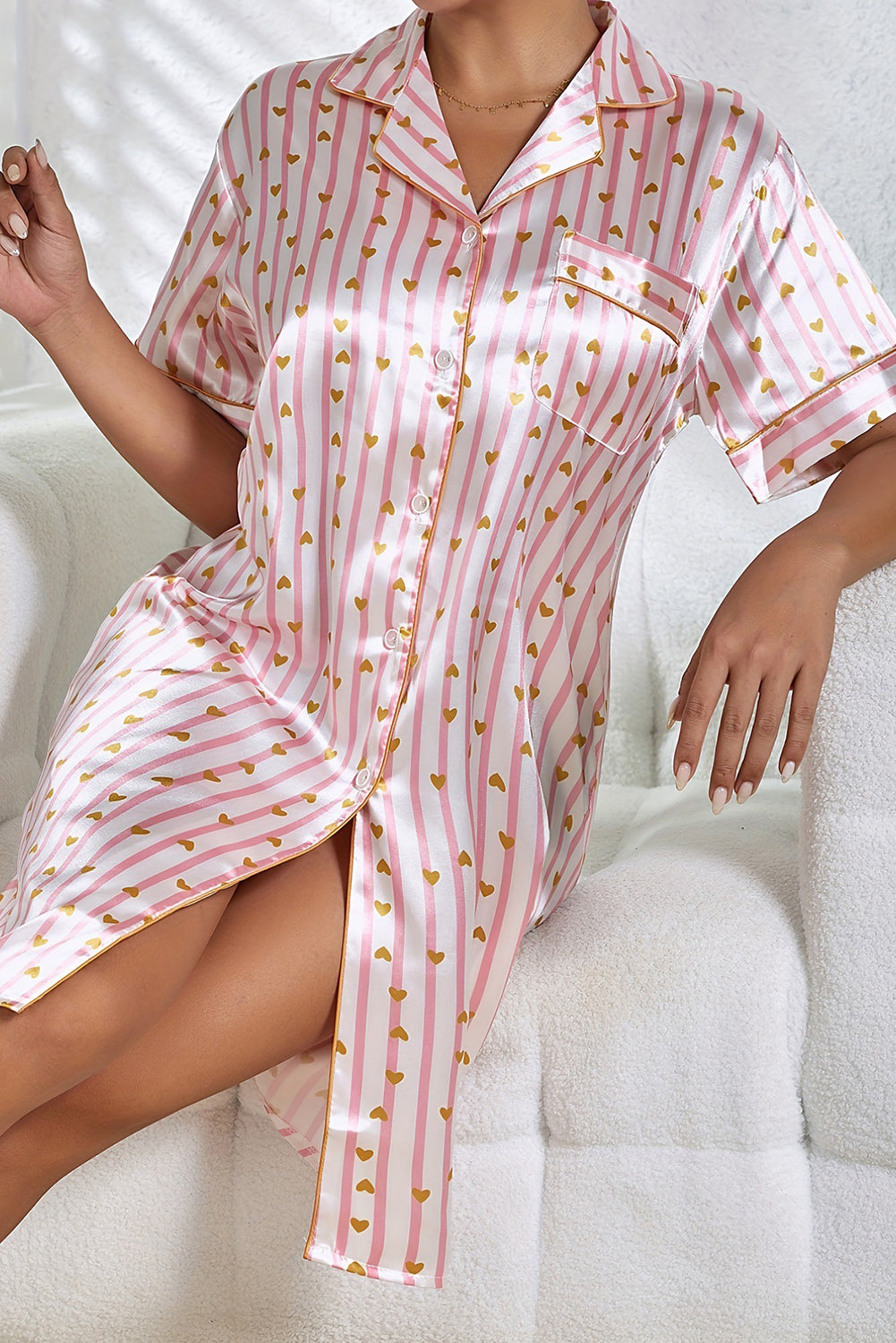 Pink Heart Print Striped Short Sleeve Button Up Pajama Dress