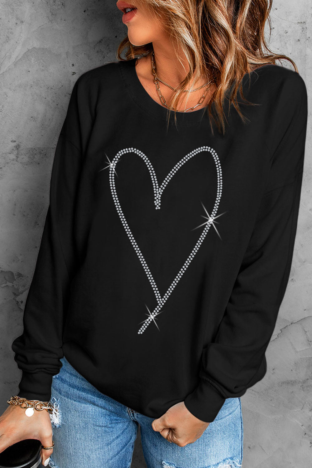 Black Rhinestone Heart Pattern Valentines Fashion Sweatshirt