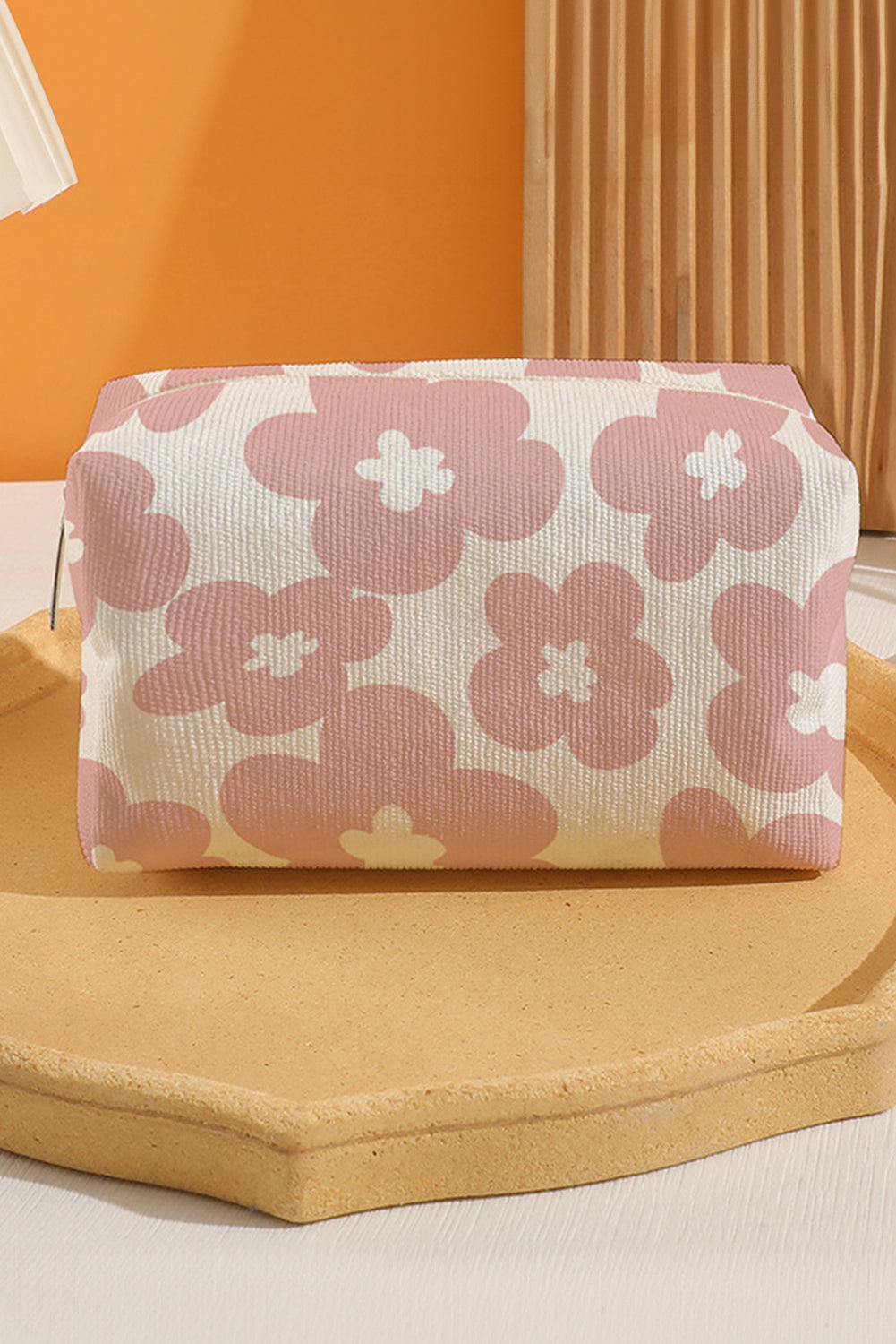 White Flowers Print Zipper Canvas Cosmetic Bag