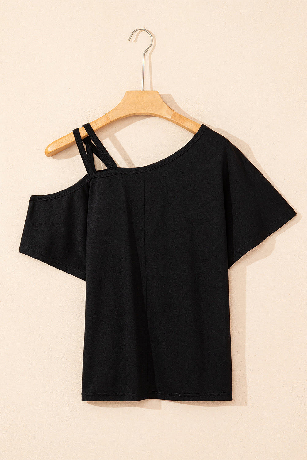 Black Asymmetric Criss Cross Cold Shoulder T Shirt