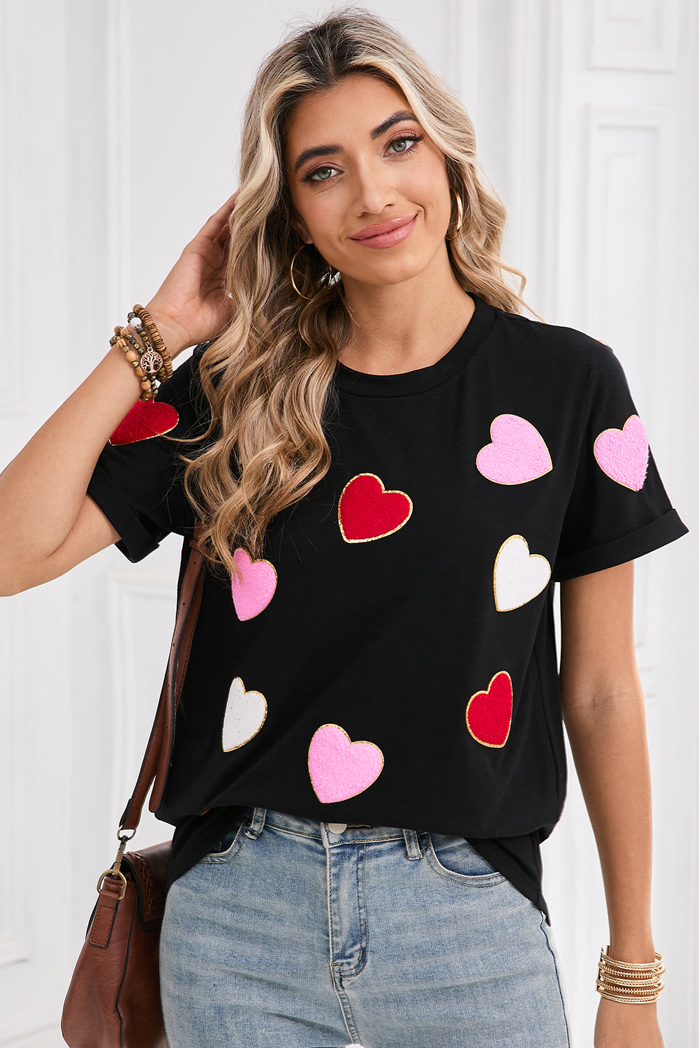 Black Valentines Chenille Heart Patched Pattern Crewneck Tee