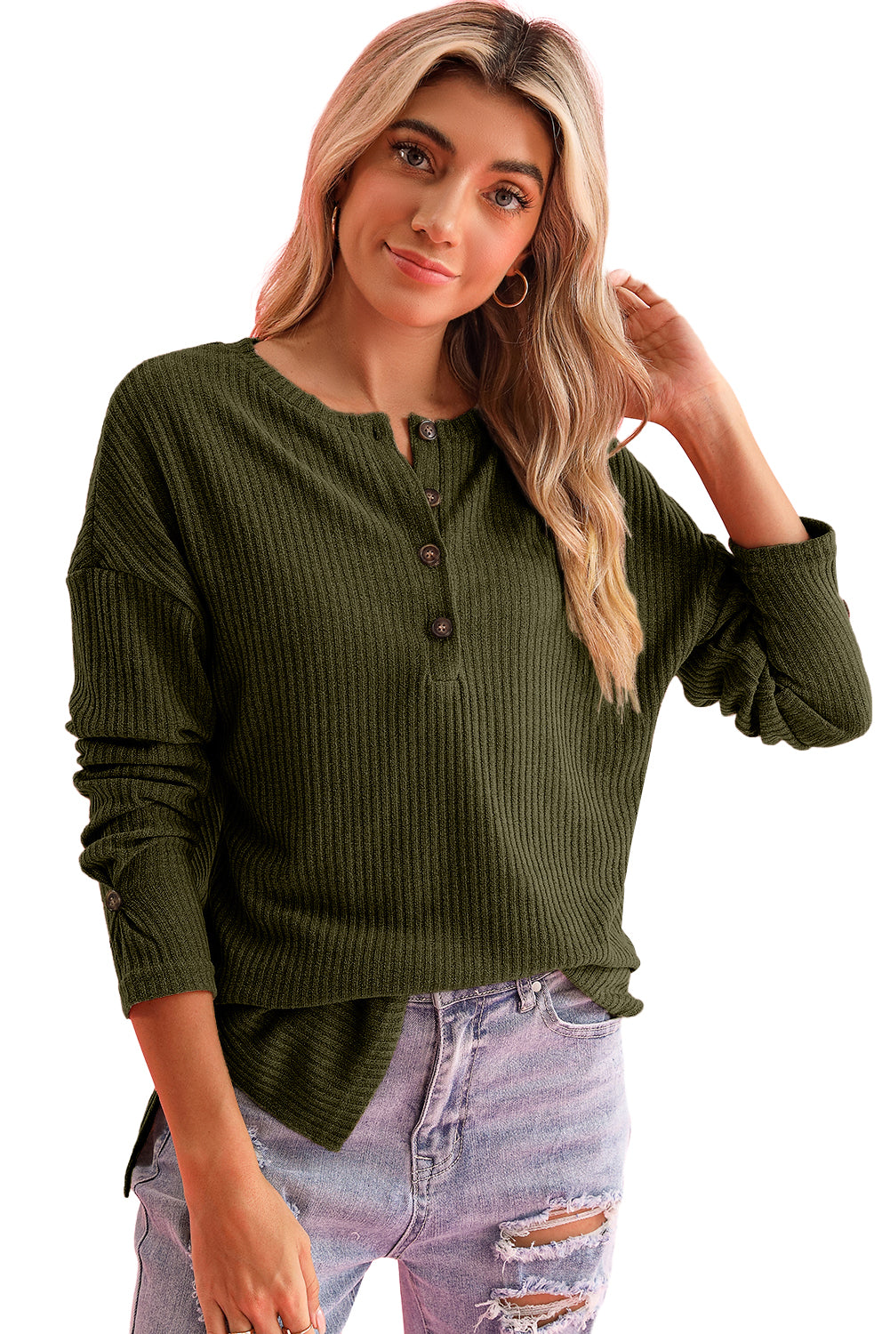 Khaki Drop Shoulder Ribbed Knit Long Sleeve Henley Top