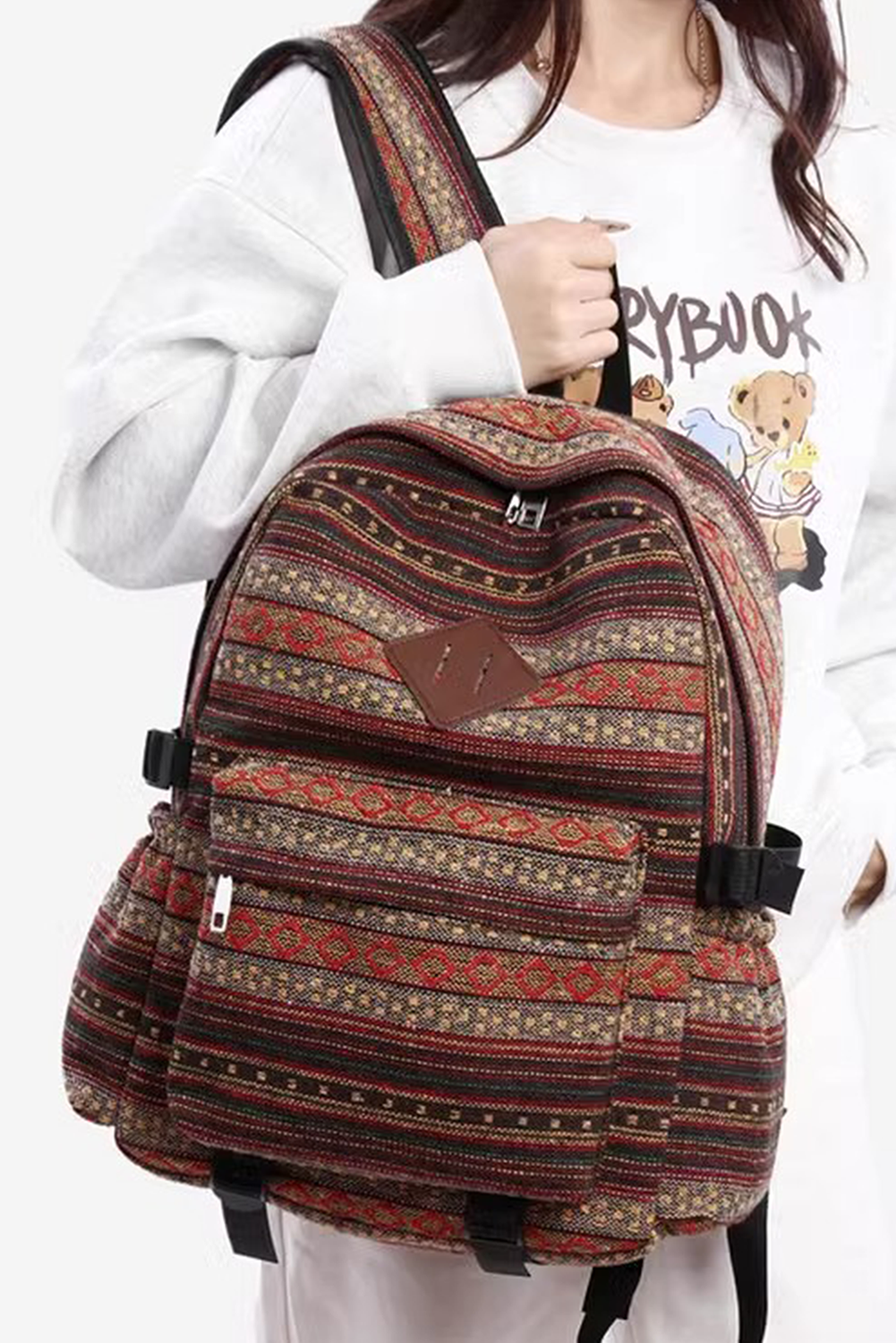 Coffee Boho Geometric Print Backpack Bag