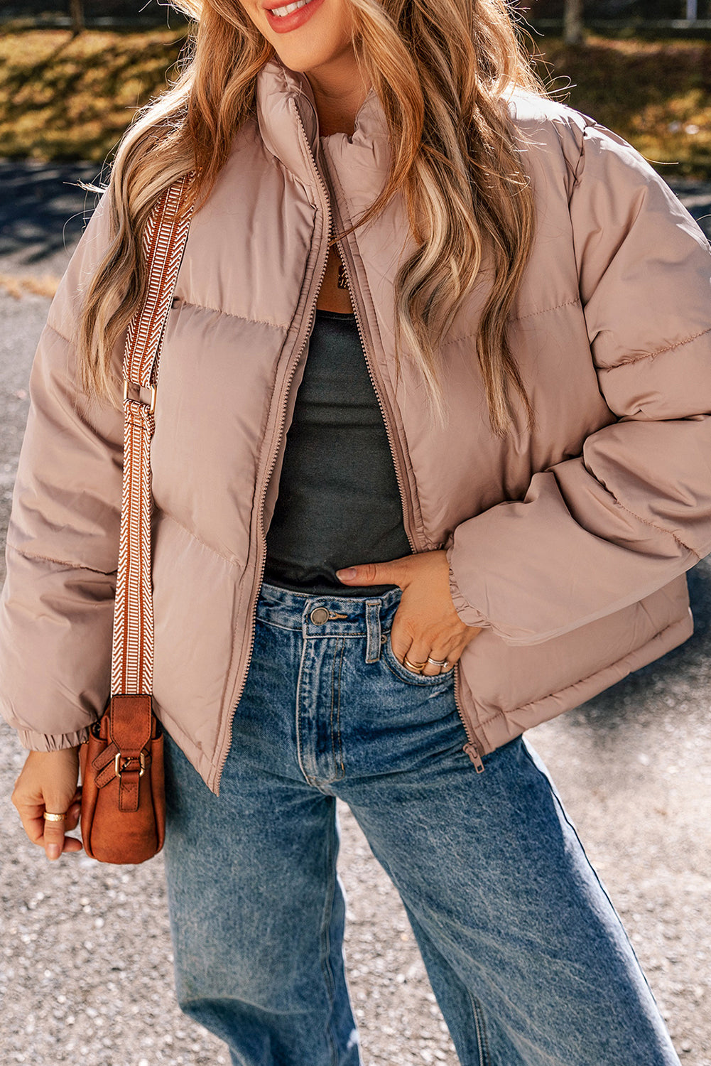 Veste matelassée matelassée à fermeture éclair rose abricot