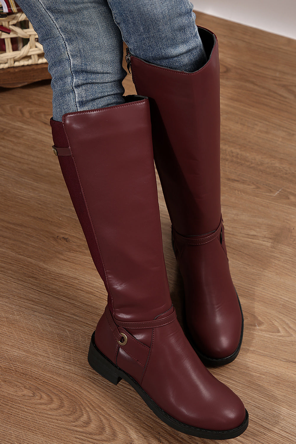 Burgundy Side Zipper Knee High Chunky Low Heel Boots