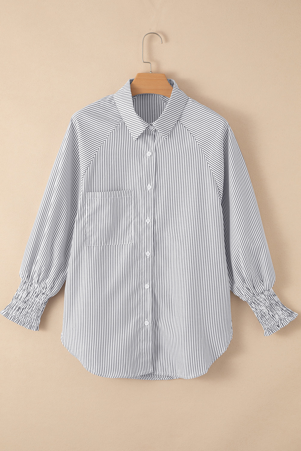 Light Blue Casual Striped Shirred Cuffs Shirt