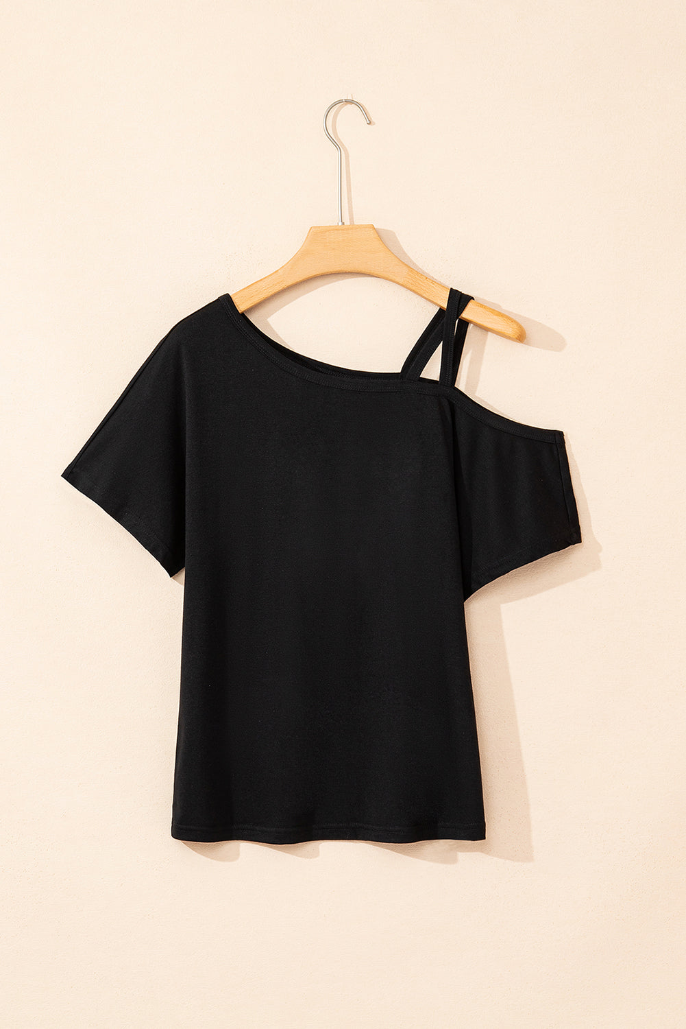 Black Asymmetric Criss Cross Cold Shoulder T Shirt