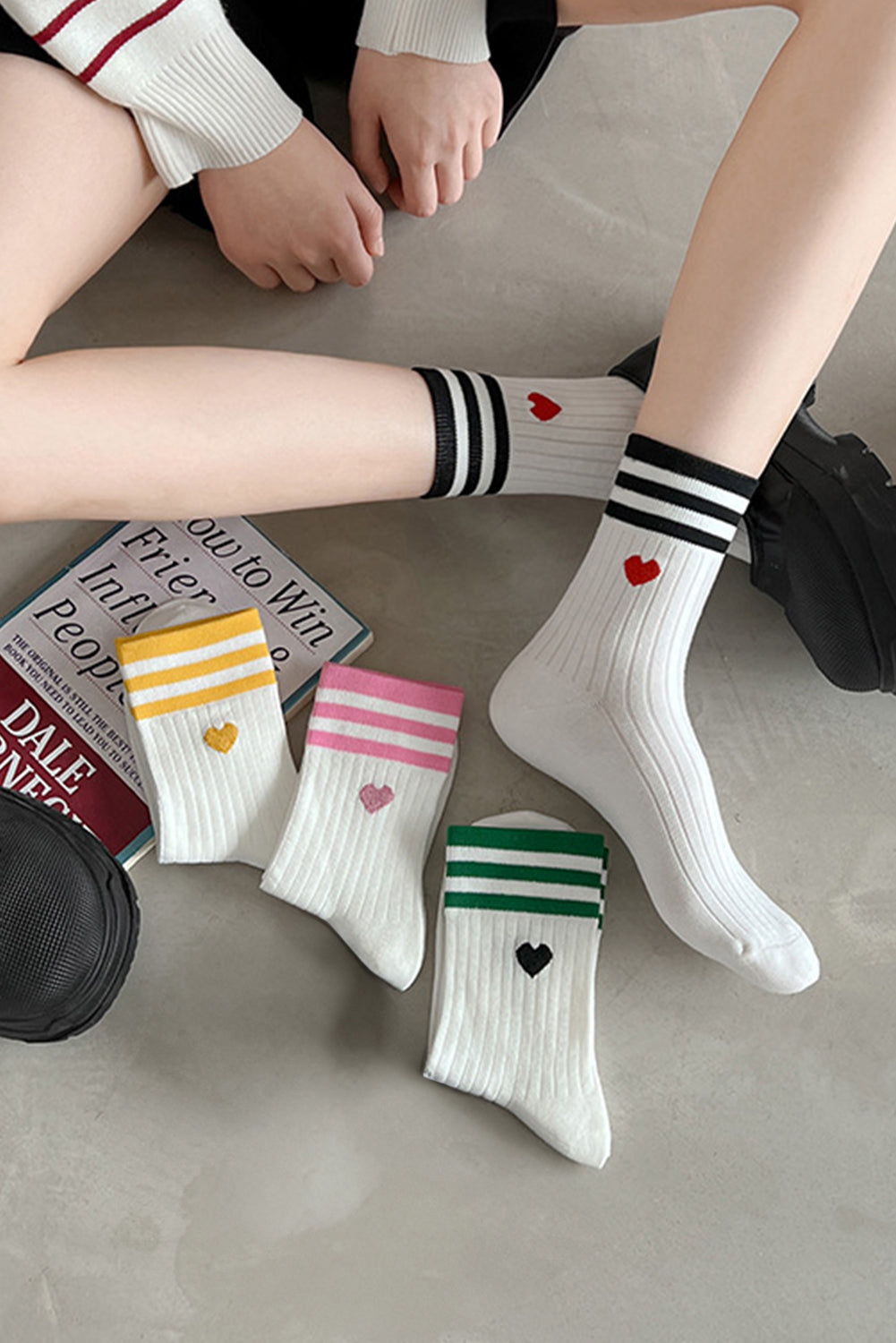 White Heart Striped Cotton Crew Socks 4pcs