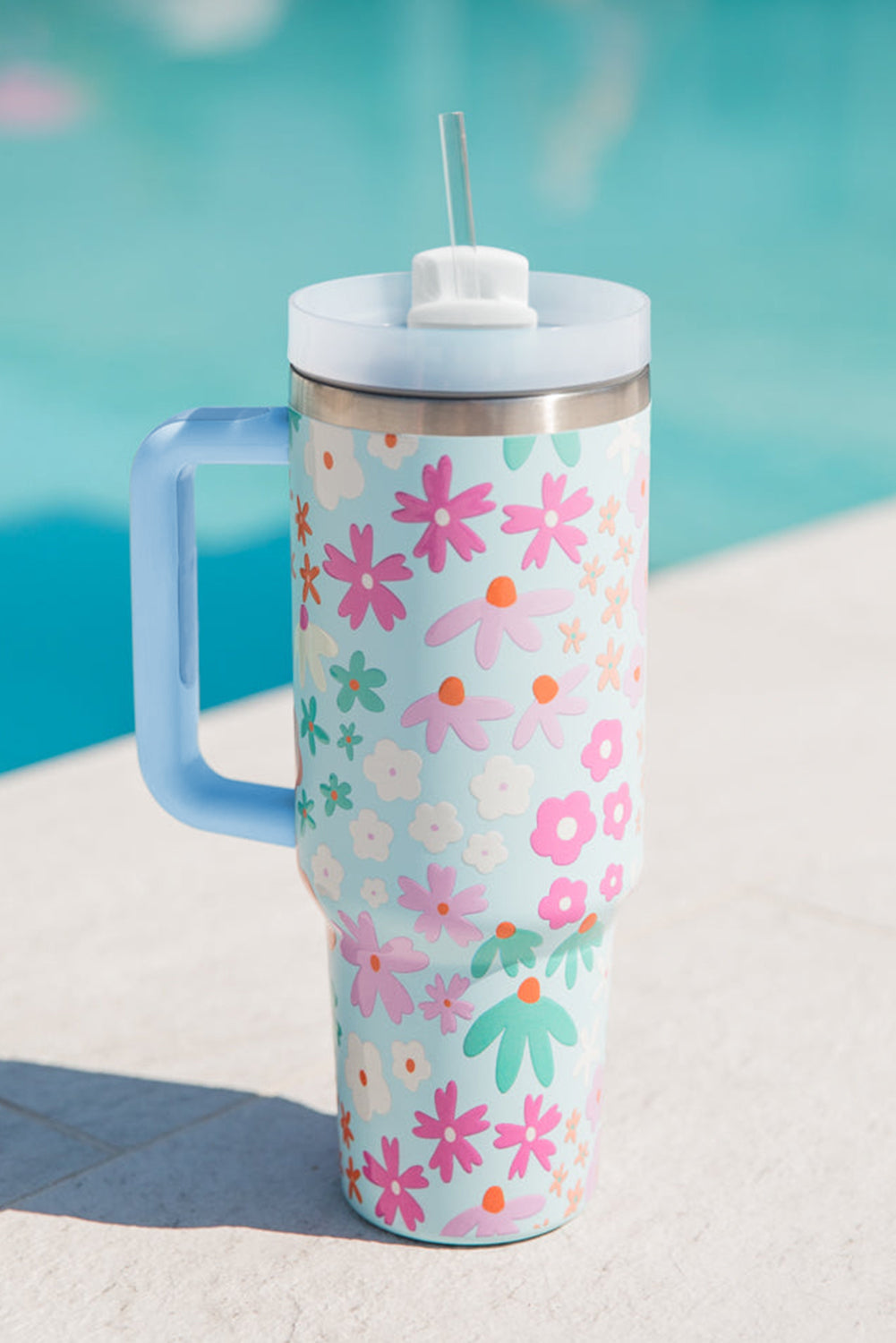 Tasse à anse avec paille et imprimé floral mignon Beau Blue, 40 oz