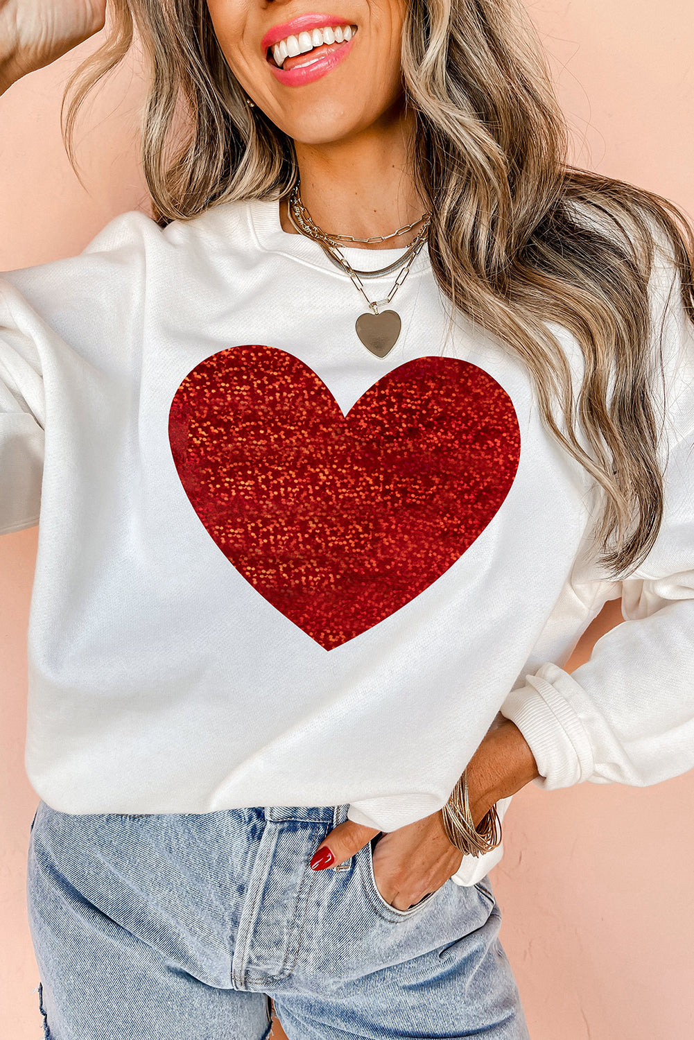 Beige Glitter Valentine Heart Graphic Sweatshirt