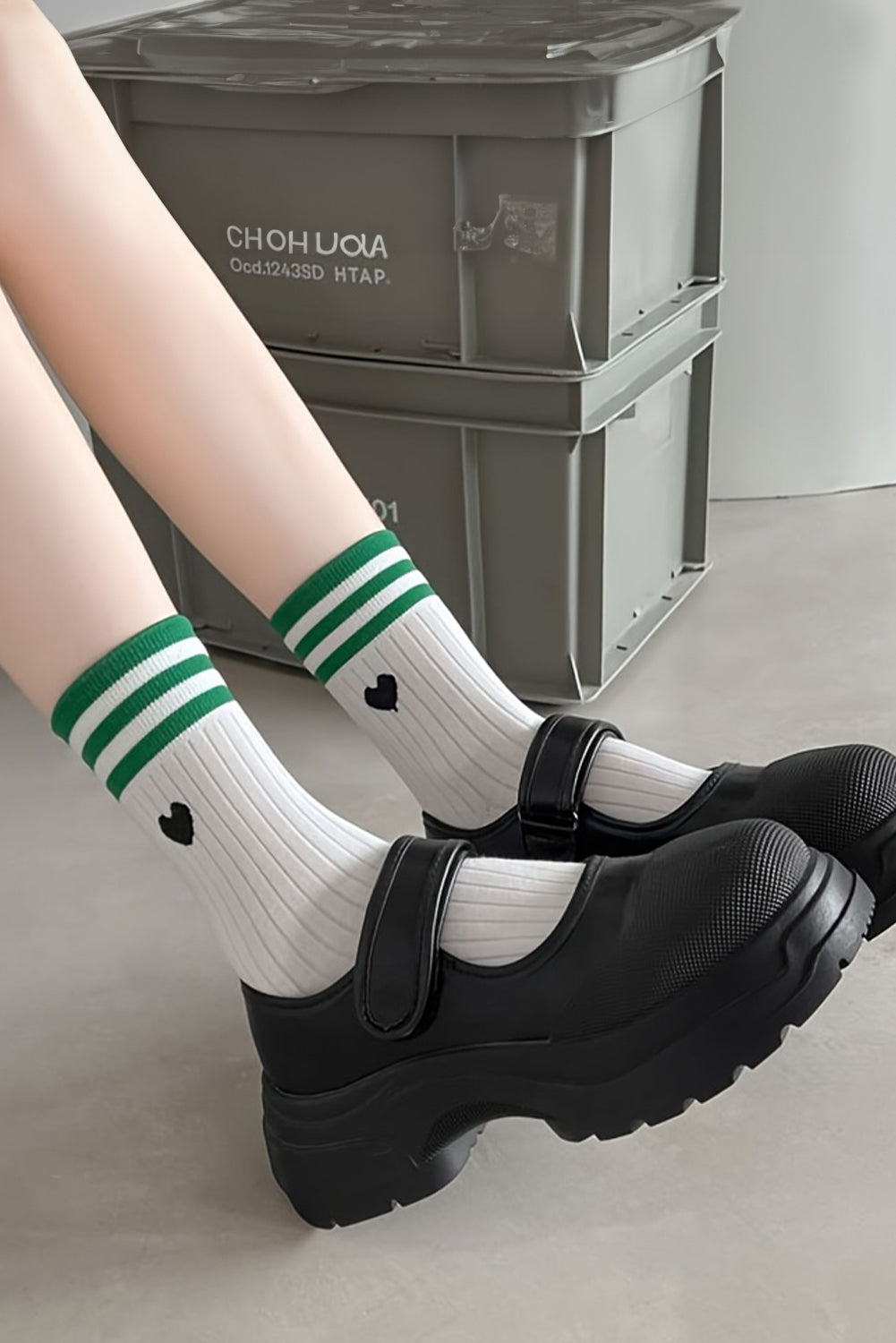 White Heart Striped Cotton Crew Socks 4pcs