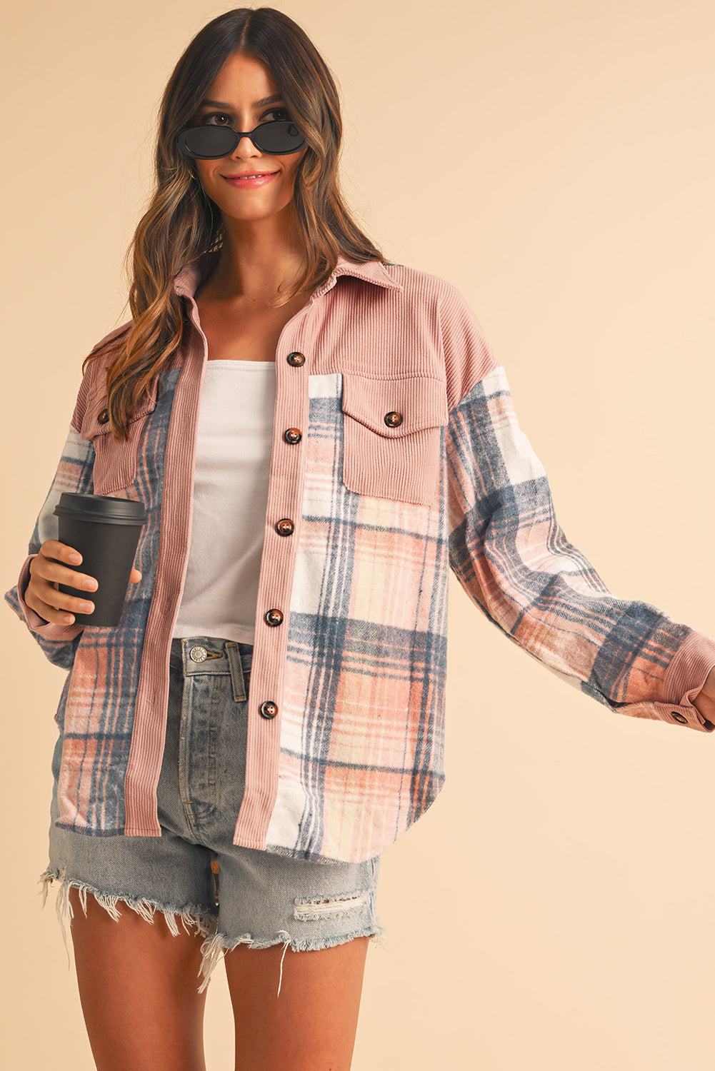 Light Pink Plaid Corduroy Patchwork Pocket Loose Shacket