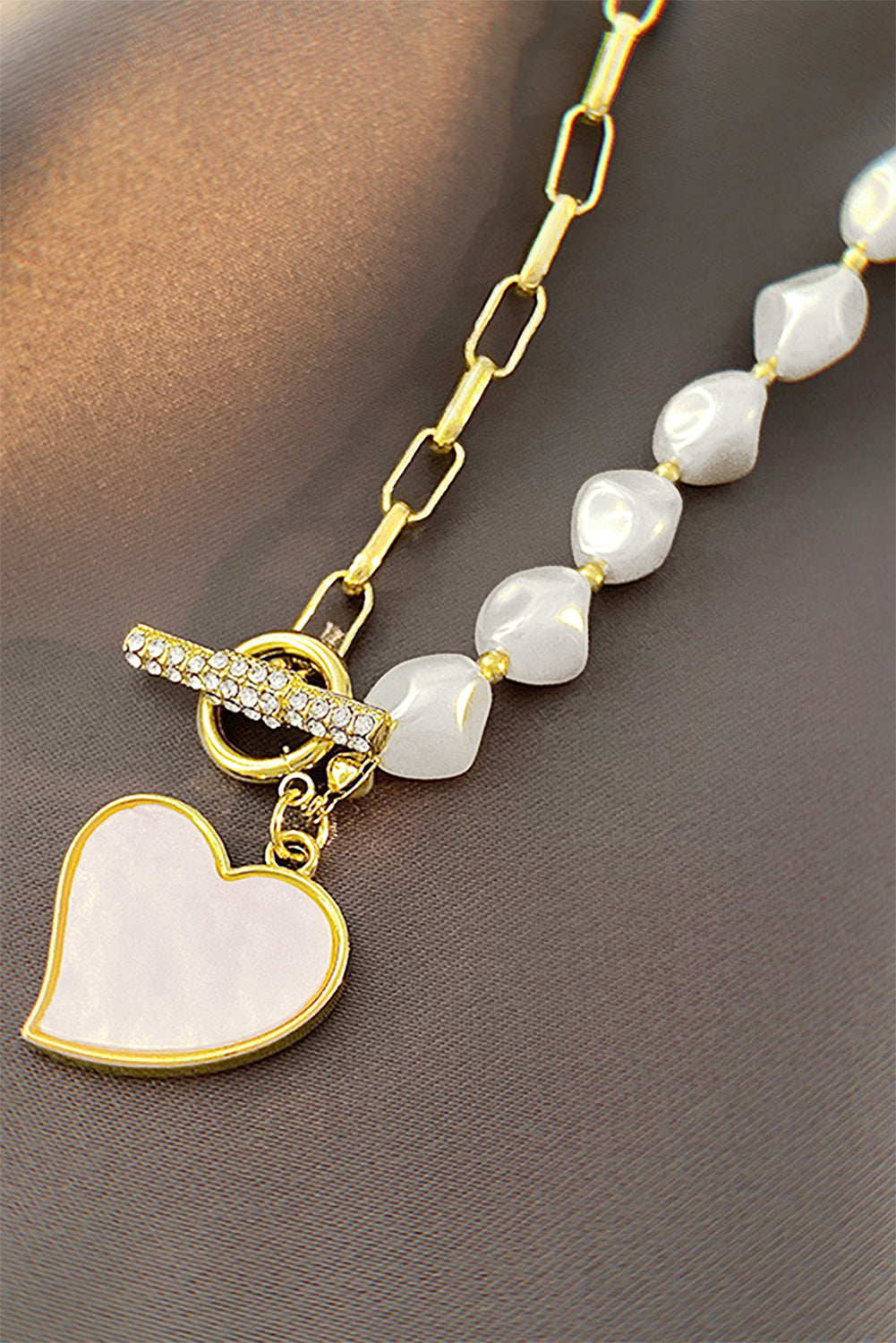 Gold Heart Shape Pendant Rhinestone Pearl Chain Necklace