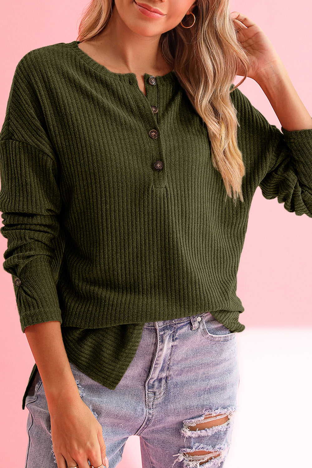 Khaki Drop Shoulder Ribbed Knit Long Sleeve Henley Top